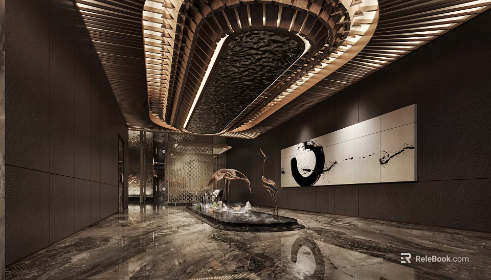 Elegant Hotel Lobby Interior With Unique Ceiling Design Marble Flooring And Wall Artwork 3d model
