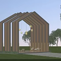 Modern Wooden Pergola With Sloped Roof Hanging Lights And Outdoor Seating Area