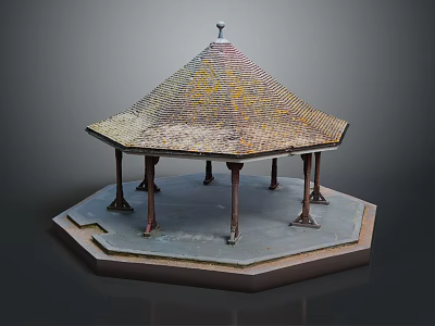 Octagonal Gazebo Structure With Conical Weathered Tile Roof And Columns On Octagonal Platform 3d model