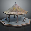 Octagonal Gazebo Structure With Conical Weathered Tile Roof And Columns On Octagonal Platform