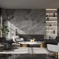 Elegant Modern Sales Office Lounge With Marble Accent Wall And Premium Comfortable Leather Sofas