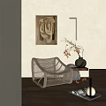 Woven Rattan Leisure Chair In Minimalist Interior With Decorative Painting And Flower Vase