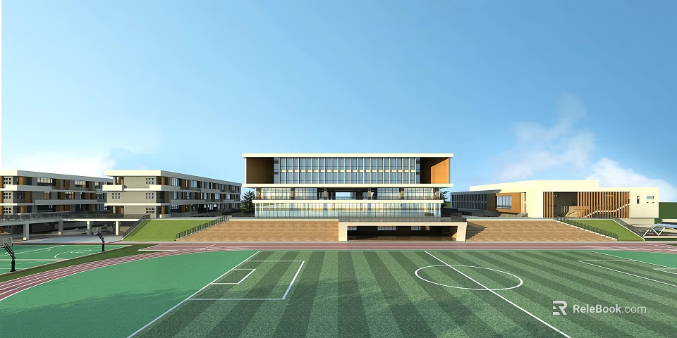 Modern School Building Featuring Glass Facade Terrace and Football Field on Green Campus 3d model 