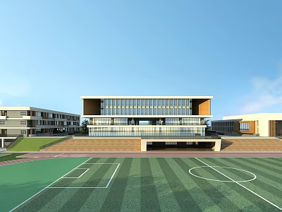 Modern School Building Featuring Glass Facade Terrace and Football Field on Green Campus 3d model