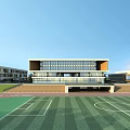 Modern School Building Featuring Glass Facade Terrace and Football Field on Green Campus
