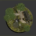 Detached Villa Surrounded By Trees With Small Waterfall Stream Lush Grass And Mossy Ground
