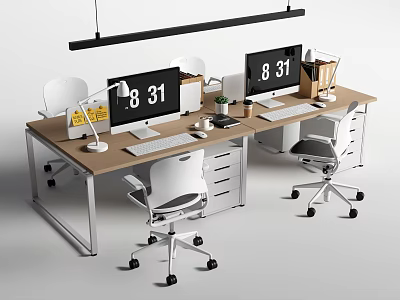 Modern Office Desk Setup With Dual Monitors White Chairs Desk Lamp And Small Plant 3d model