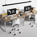 Modern Office Desk Setup With Dual Monitors White Chairs Desk Lamp And Small Plant