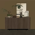 Elegant Wooden Entryway Console Cabinet With Green Plant Ornaments And Decorative Candles