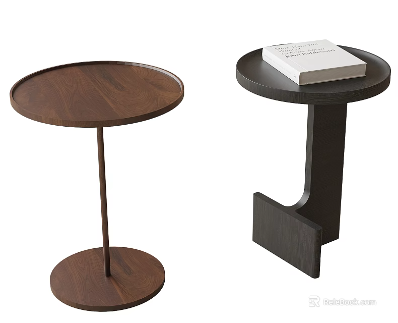Side Tables with Round Top Wooden Slim Stand and Black L-Shaped Base Including a Book 3d model 