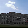 Aerial View Of Modern Multistorey Office Building With Red Roofs Green Lawn And Parking Area