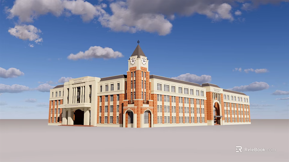 Traditional Red Brick School Building With Clock Tower Arched Entrances And Large Windows 3d model