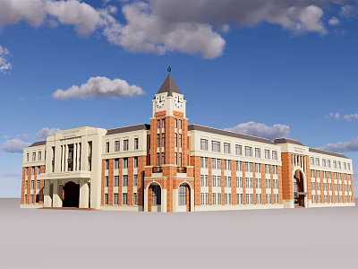 Traditional Red Brick School Building With Clock Tower Arched Entrances And Large Windows 3d model