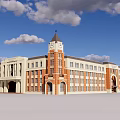 Traditional Red Brick School Building With Clock Tower Arched Entrances And Large Windows 3d model
