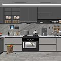 Modern Kitchen Interior With Gray Cabinets Open Shelves Island And Marble Countertop