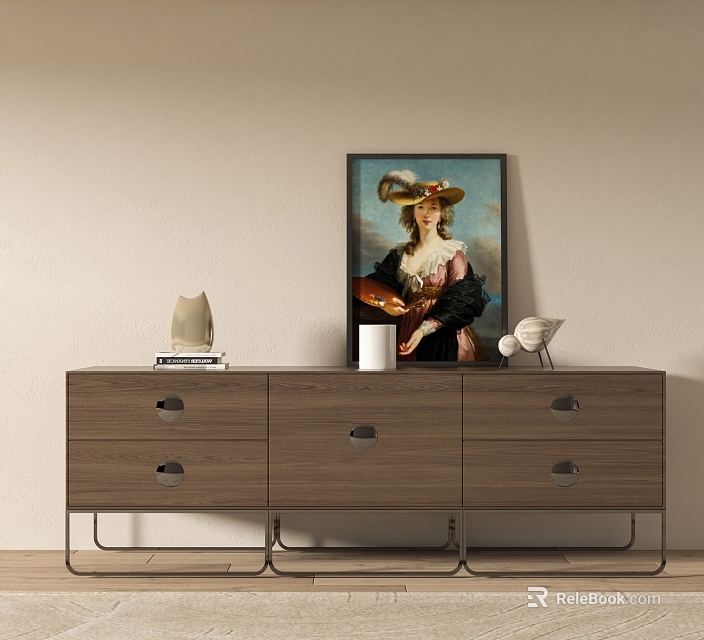 Entryway Console Cabinet Wooden with Drawers and Framed Painting Vase on Top Decorative Items 3d model 