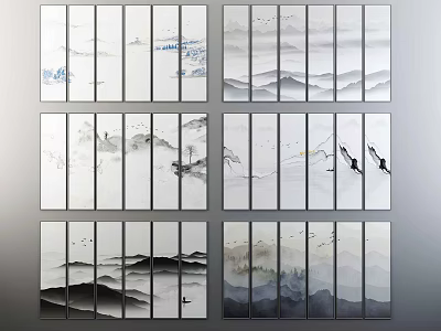 Landscape Paintings In Ink Wash Style With Mountain Water Bird And Cloud Elements 3d model