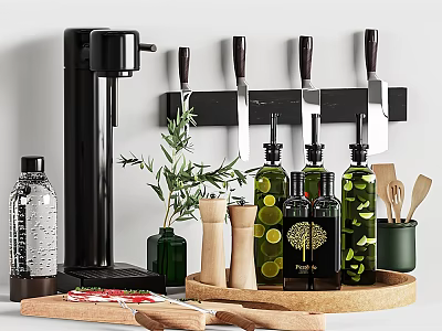 Essential Kitchen Utensils With Wall Mounted Knives Olive Oil Bottles And Cutting Board 3d model