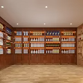 Wooden Tobacco and Liquor Store Interior with Wines Beverages Shelves Tables Seating and Decorative Painting