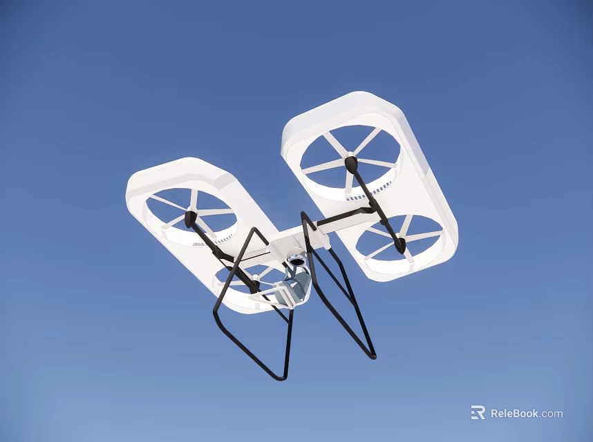 White Drone With Four Propellers Flying In Clear Blue Sky 3d model 