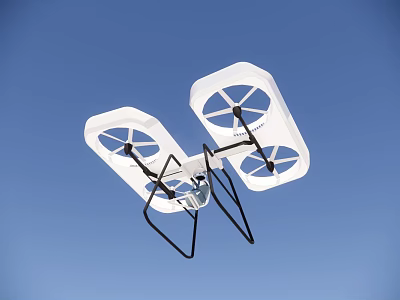 White Drone With Four Propellers Flying In Clear Blue Sky 3d model