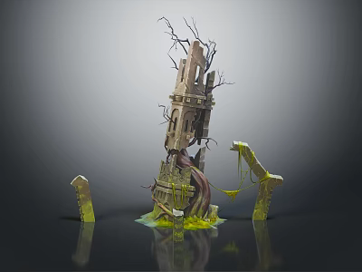 Cartoon Fantasy Scene Featuring Broken Tower Withered Branches Yellow Liquid And Tombstone Like Structures 3d model