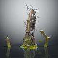 Cartoon Fantasy Scene Featuring Broken Tower Withered Branches Yellow Liquid And Tombstone Like Structures