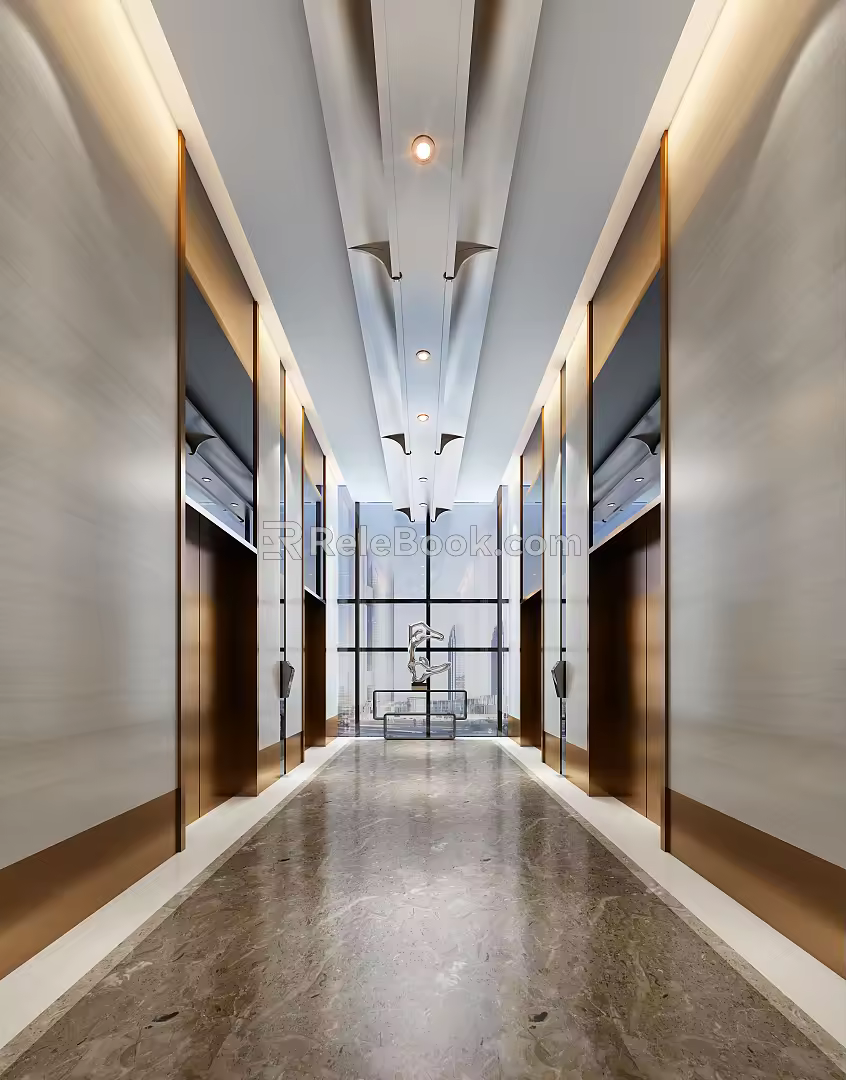 Modern elevator hall front desk corridor combination 3d model