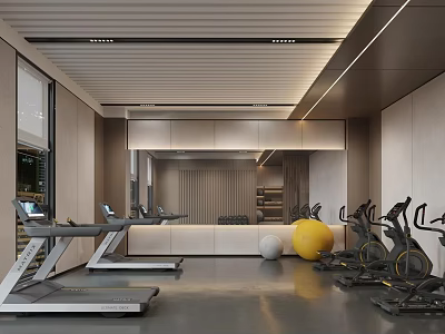 Modern Fitness Gym Interior With Treadmills Exercise Bikes Mirrors And Training Space 3d model