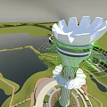 Modern Flower Shaped Top Tower Featuring White Structure Green Framework and Waterfront Park Roads 3d model