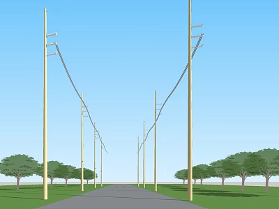 Outdoor Industrial Electric Equipment With Poles And Power Lines Along Road And Trees 3d model