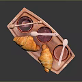 Fresh Croissants With Honey From Bees And Colorful Sauces On Wooden Tray