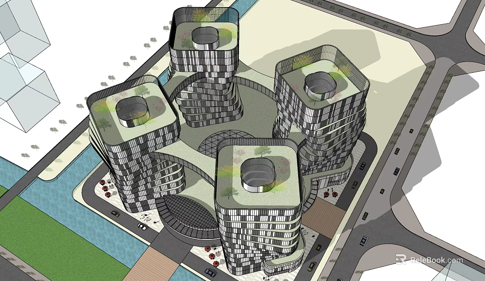 Modern Office Building Complex With Multiple High Rise Structures And Unique Circular Top Design 3d model 