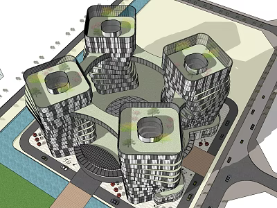 Modern Office Building Complex With Multiple High Rise Structures And Unique Circular Top Design 3d model