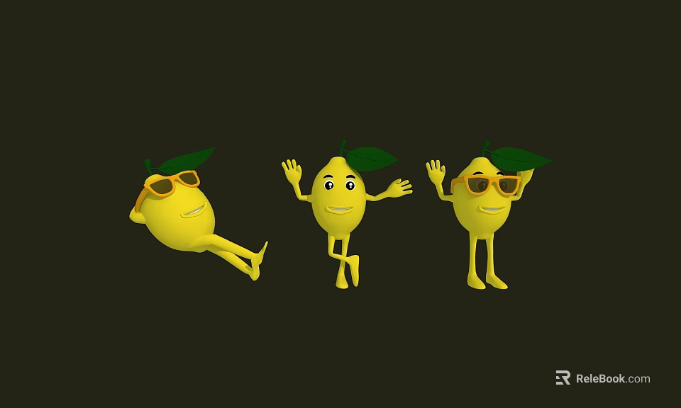 Yellow Lemon Cartoon Characters Wearing Sunglasses With Green Leaves In Different Poses 3d model 
