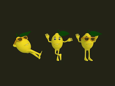 Yellow Lemon Cartoon Characters Wearing Sunglasses With Green Leaves In Different Poses 3d model