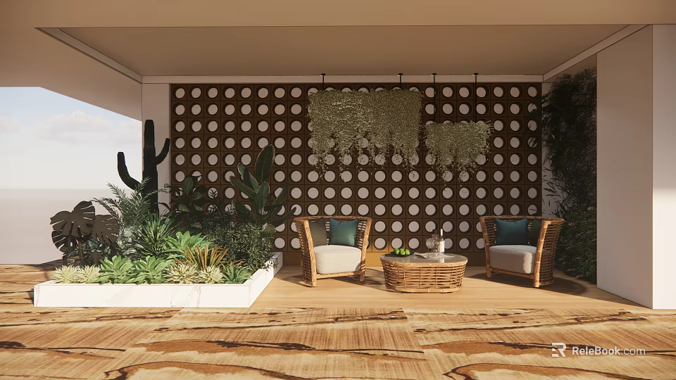 Cozy Outdoor Lounge Area With Wicker Chairs Coffee Table Green Plants And Polka Dot Wall 3d model 
