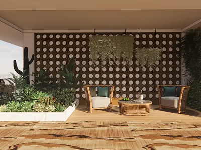 Cozy Outdoor Lounge Area With Wicker Chairs Coffee Table Green Plants And Polka Dot Wall 3d model