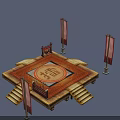 Traditional Chinese Ceremonial Platform With Square Steps Red Banners And Fu Character Carpet