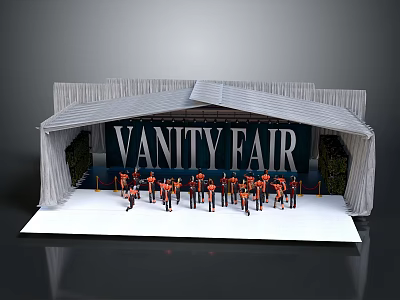Vanity Fair Stage Setup With Group Of Performers In Orange Outfits On White Platform 3d model
