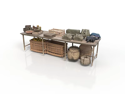 Table Display Of Handmade Wicker Baskets Clay Pots And Wooden Crates 3d model