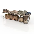 Table Display Of Handmade Wicker Baskets Clay Pots And Wooden Crates