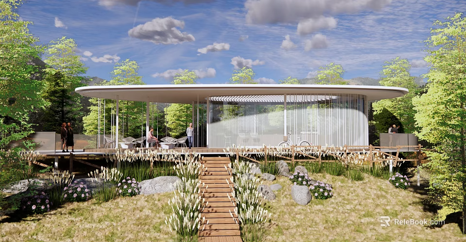 Scenic Park Landscape With Curved Roof Building Wooden Steps Colorful Flowers Stones And Green Trees 3d model 