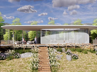 Scenic Park Landscape With Curved Roof Building Wooden Steps Colorful Flowers Stones And Green Trees 3d model