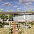 Scenic Park Landscape With Curved Roof Building Wooden Steps Colorful Flowers Stones And Green Trees