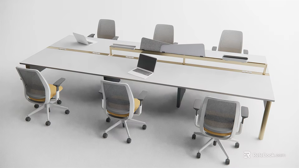 Modern Office Desk With Ergonomic Chairs And Laptops In Collaborative Workspace Setup 3d model 