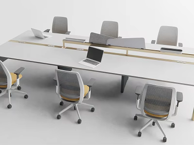 Modern Office Desk With Ergonomic Chairs And Laptops In Collaborative Workspace Setup 3d model