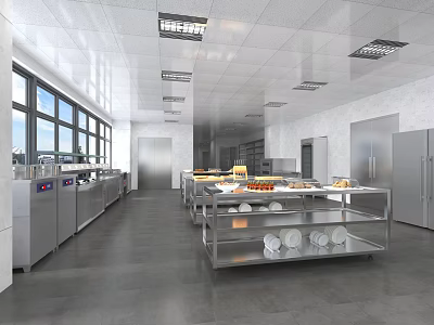 Modern Commercial Kitchen Interior With Stainless Steel Worktables And Storage Cabinets 3d model