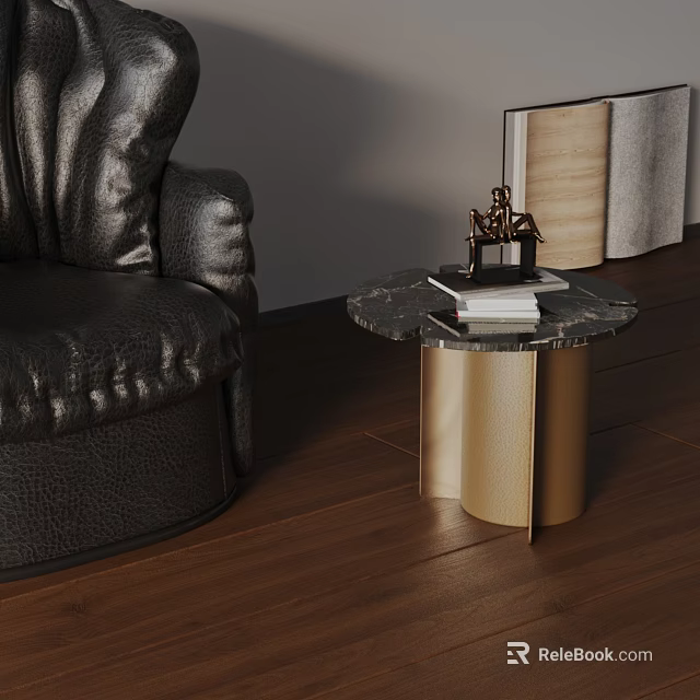 Stylish Round Marble Top Side Table With Golden Base And Black Leather Sofa 3d model