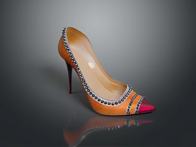 Elegant Orange Gradient High Heels With Red Pointed Toe And Silver Studs 3d model